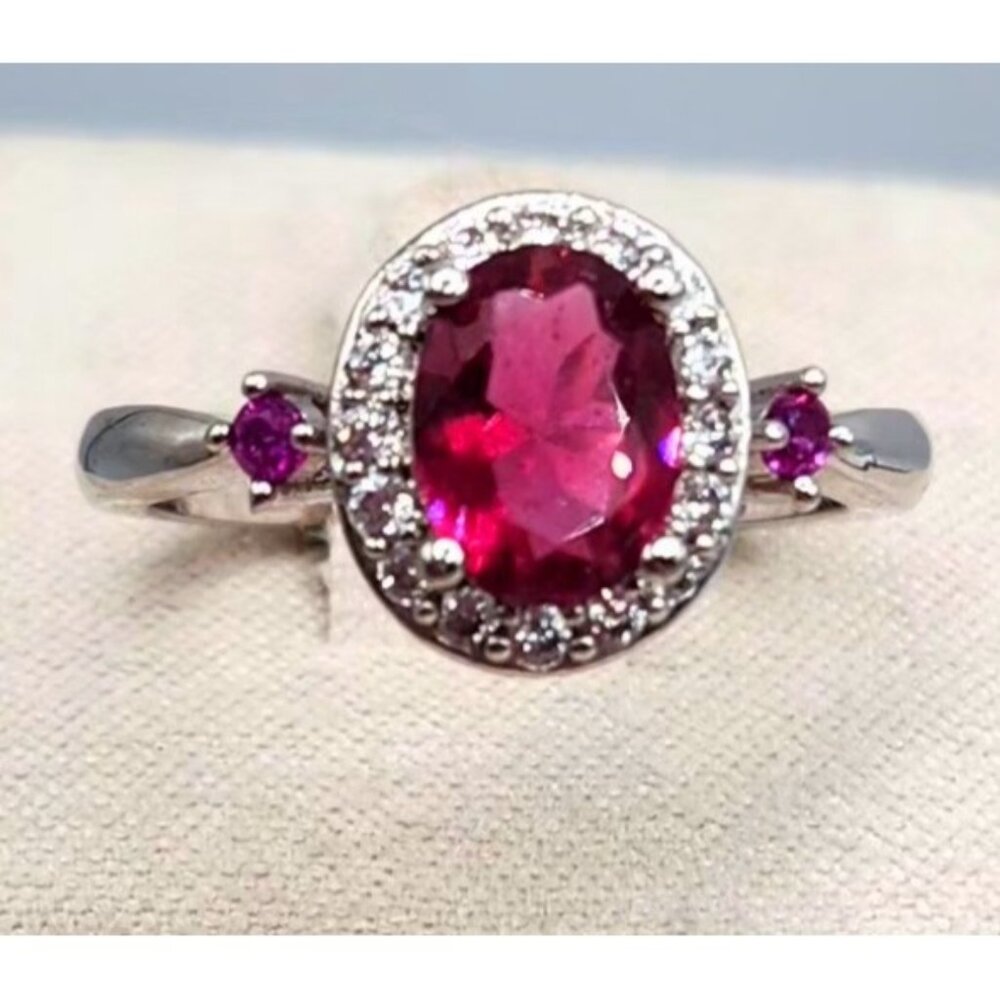 Red/Pink Center Stone 14kt Gold Plated Size 7 RIng With Crystal Accents